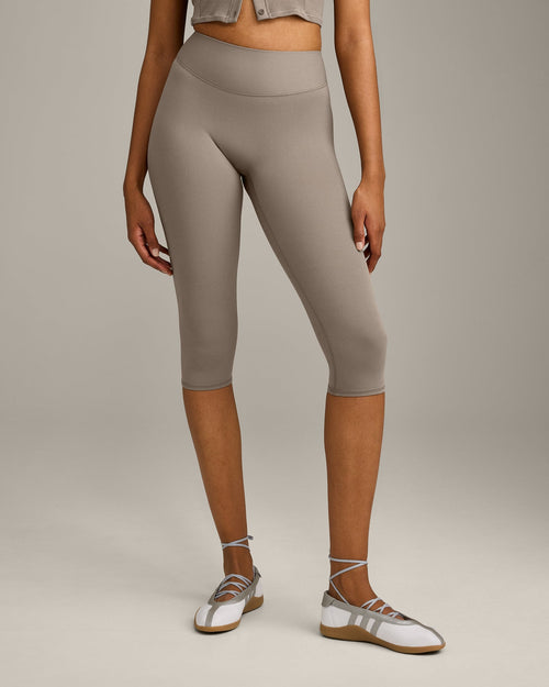SoftMotion™ High Waisted Capri Leggings with Gray Logo | Minky