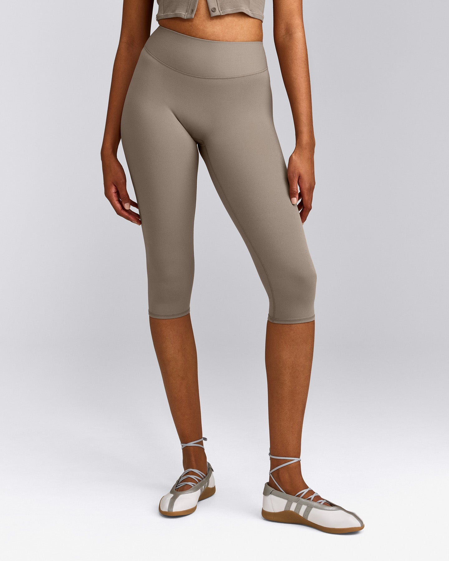 SoftMotion™ High Waisted Capri Leggings with Gray Logo | Minky