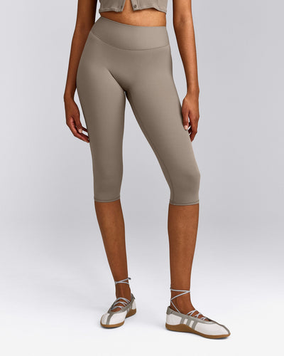 SoftMotion™ High Waisted Capri Leggings with Gray Logo | Minky