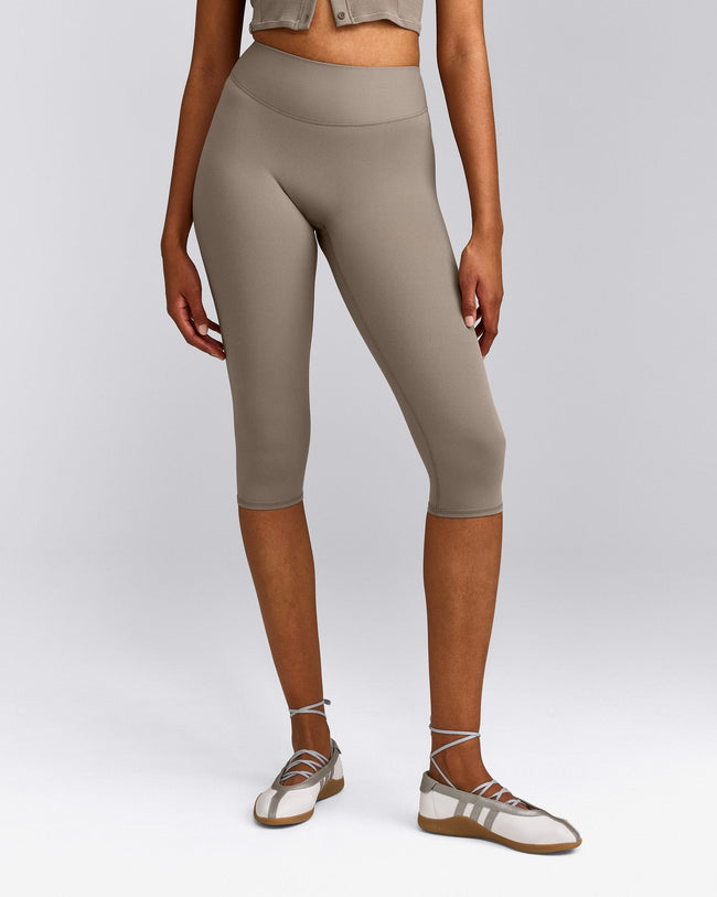 SoftMotion™ High Waisted Capri Leggings with Gray Logo | Minky