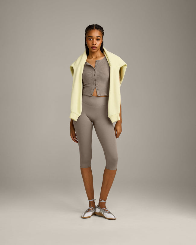 SoftMotion™ High Waisted Capri Leggings with Gray Logo | Minky