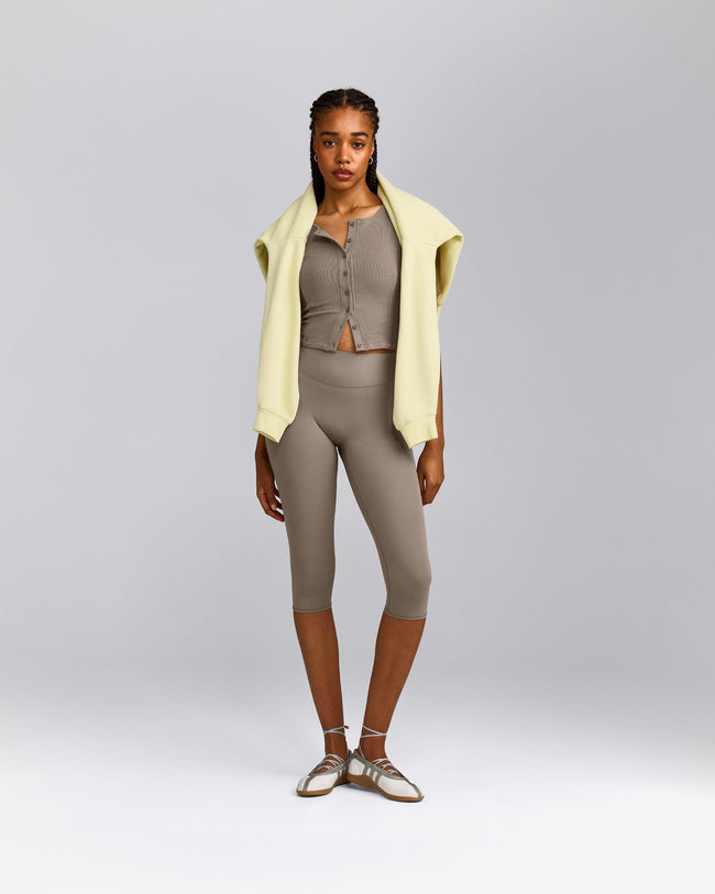 SoftMotion™ High Waisted Capri Leggings with Gray Logo | Minky