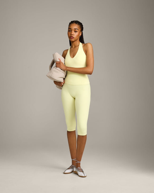 SoftMotion™ High Waisted Capri Leggings with Gray Logo | Pastel Yellow