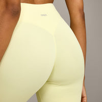 SoftMotion™ High Waisted Capri Leggings with Gray Logo | Pastel Yellow