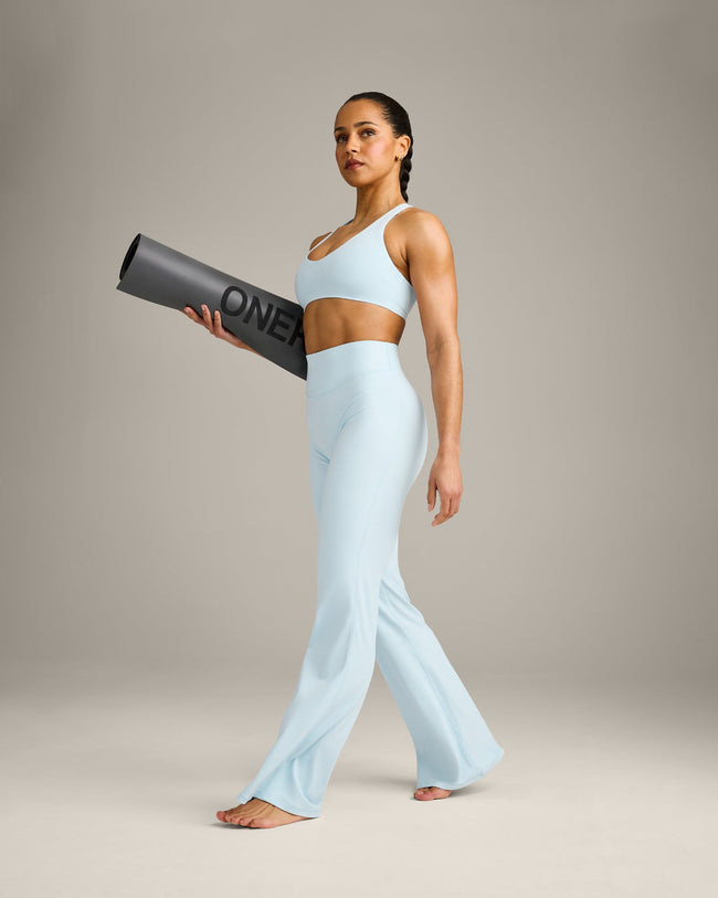SoftMotion™ Flared Pants with Gray Logo | Cloud Blue