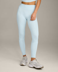 SoftMotion™ High Waisted Leggings with Gray Logo | Cloud Blue