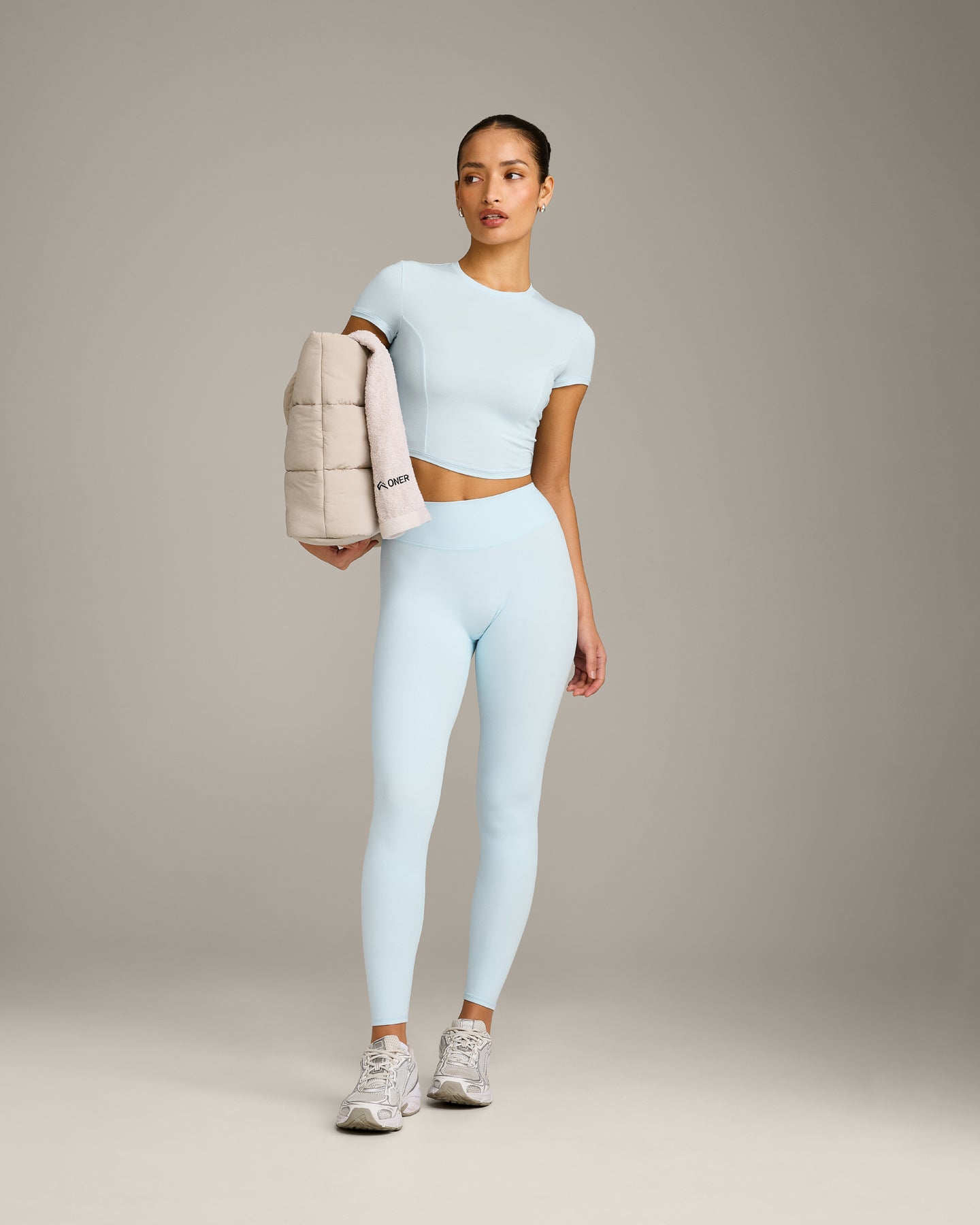 SoftMotion™ High Waisted Leggings with Gray Logo | Cloud Blue