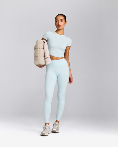 SoftMotion™ High Waisted Leggings with Gray Logo | Cloud Blue