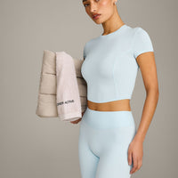 SoftMotion™ High Waisted Leggings with Gray Logo | Cloud Blue