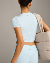 SoftMotion™ High Waisted Leggings with Gray Logo | Cloud Blue