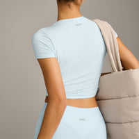 SoftMotion™ High Waisted Leggings with Gray Logo | Cloud Blue