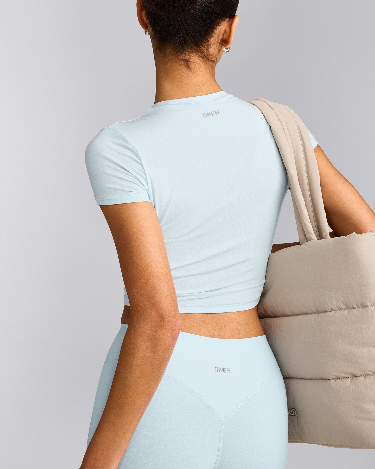 SoftMotion™ High Waisted Leggings with Gray Logo | Cloud Blue