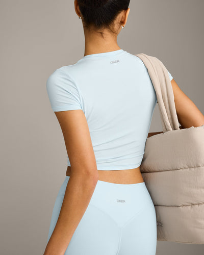 SoftMotion™ High Waisted Leggings with Gray Logo | Cloud Blue