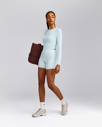 SoftMotion™ High Waisted Shorts 6" with Gray Logo | Cloud Blue