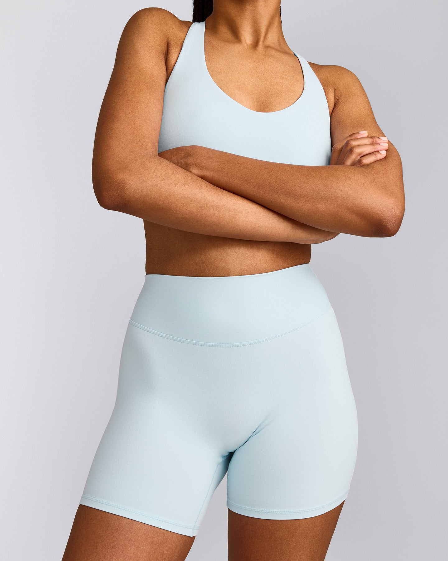 SoftMotion™ High Waisted Shorts 6" with Gray Logo | Cloud Blue