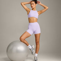 SoftMotion™ High Waisted Shorts 6" with Gray Logo | Lavender Purple