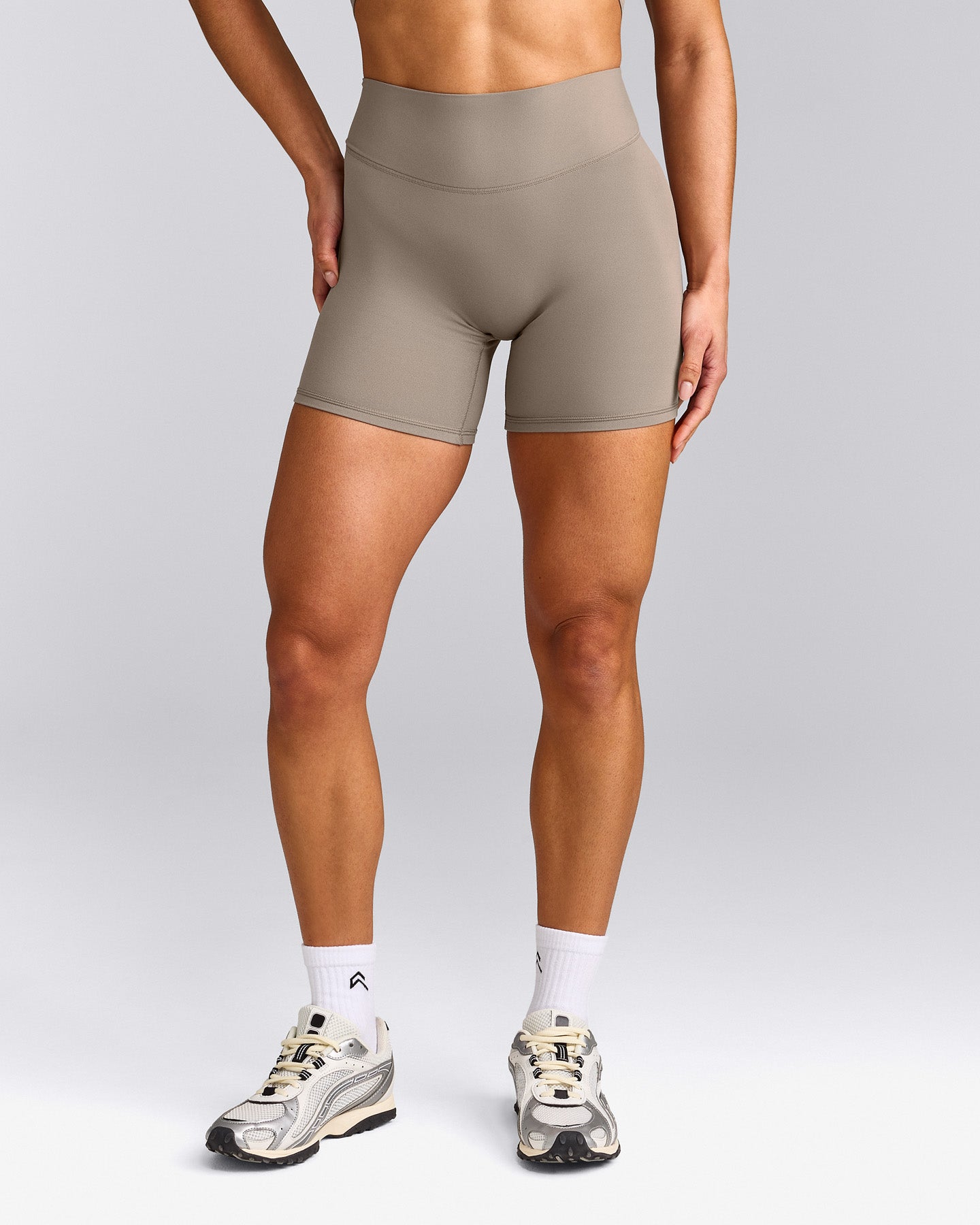 SoftMotion™ High Waisted Shorts 6" with Gray Logo | Minky