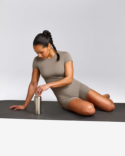 SoftMotion™ High Waisted Shorts 6" with Gray Logo | Minky