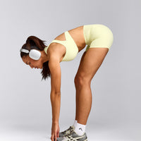 SoftMotion™ High Waisted Shorts 6" with Gray Logo | Pastel Yellow