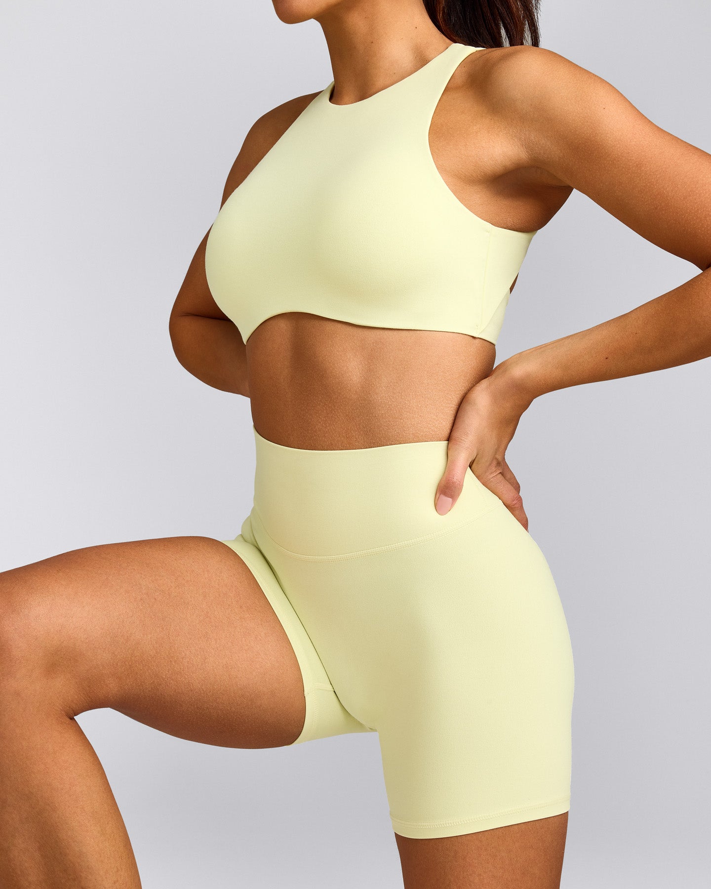 SoftMotion™ High Waisted Shorts 6" with Gray Logo | Pastel Yellow