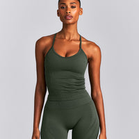 EnhanceLift™ Seamless Strappy Racer Tank Top with Built in Bra New Branding | Dark Khaki