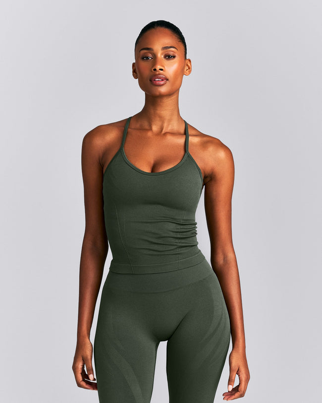 EnhanceLift™ Seamless Strappy Racer Tank Top with Built in Bra New Branding | Dark Khaki