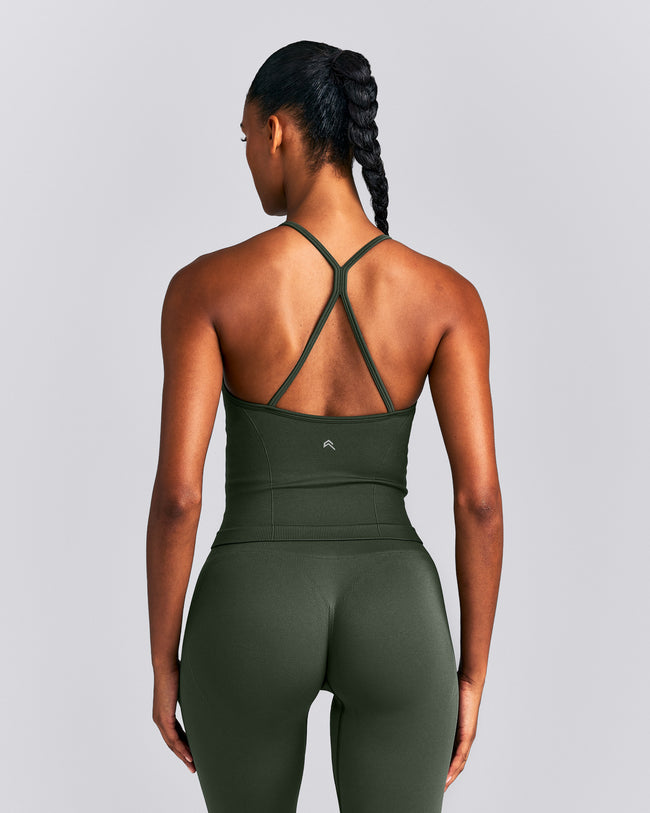 EnhanceLift™ Seamless Strappy Racer Tank Top with Built in Bra | Dark Khaki