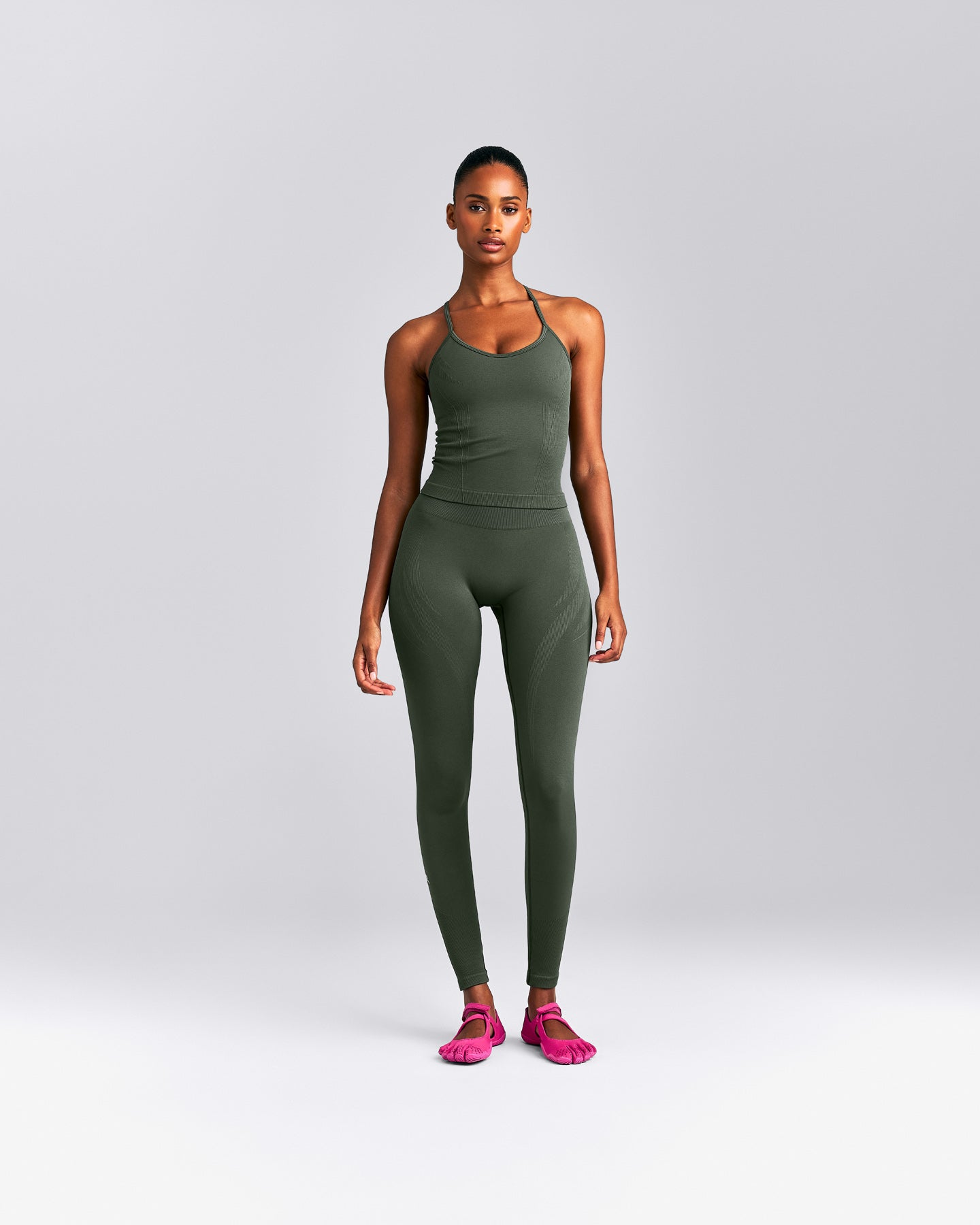 EnhanceLift™ Seamless Strappy Racer Tank Top with Built in Bra New Branding | Dark Khaki