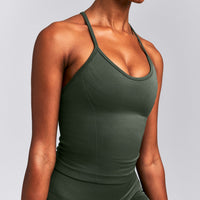EnhanceLift™ Seamless Strappy Racer Tank Top with Built in Bra New Branding | Dark Khaki