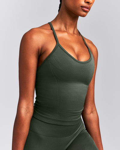 EnhanceLift™ Seamless Strappy Racer Tank Top with Built in Bra | Dark Khaki