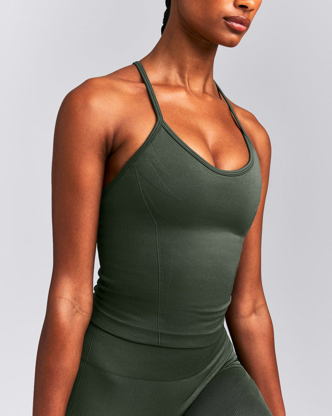 EnhanceLift™ Seamless Strappy Racer Tank Top with Built in Bra New Branding | Dark Khaki