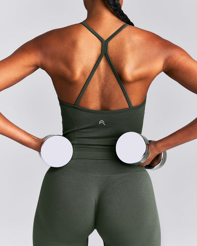 EnhanceLift™ Seamless Strappy Racer Tank Top with Built in Bra New Branding | Dark Khaki