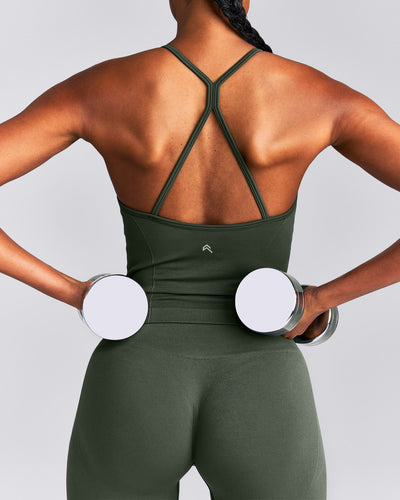 EnhanceLift™ Seamless Strappy Racer Tank Top with Built in Bra | Dark Khaki