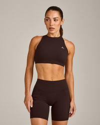 EasyLift™ High Neck Sports Bra with Gray Logo | 70% Cocoa