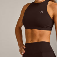 EasyLift™ High Neck Sports Bra with Gray Logo | 70% Cocoa