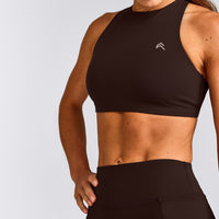EasyLift™ High Neck Sports Bra with Gray Logo | 70% Cocoa