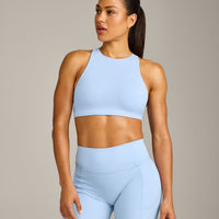 EasyLift™ High Neck Sports Bra with Gray Logo | Powdered Blue