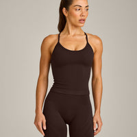 EnhanceLift™ Seamless Strappy Racer Tank Top with Built in Bra Shelf with Gray Logo | 70% Cocoa