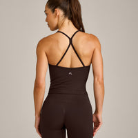 EnhanceLift™ Seamless Strappy Racer Tank Top with Built in Bra Shelf with Gray Logo | 70% Cocoa