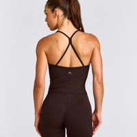 EnhanceLift™ Seamless Strappy Racer Tank Top with Built in Bra Shelf with Gray Logo | 70% Cocoa