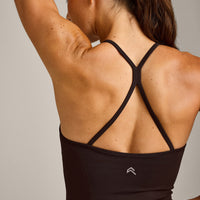 EnhanceLift™ Seamless Strappy Racer Tank Top with Built in Bra Shelf with Gray Logo | 70% Cocoa