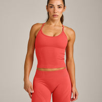 EnhanceLift™ Seamless Strappy Racer Tank Top with Built in Bra Shelf with Gray Logo | Dark Charged Coral