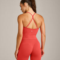 EnhanceLift™ Seamless Strappy Racer Tank Top with Built in Bra Shelf with Gray Logo | Dark Charged Coral