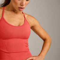 EnhanceLift™ Seamless Strappy Racer Tank Top with Built in Bra Shelf with Gray Logo | Dark Charged Coral