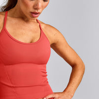 EnhanceLift™ Seamless Strappy Racer Tank Top with Built in Bra Shelf with Gray Logo | Dark Charged Coral