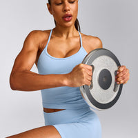 EnhanceLift™ Seamless Strappy Racer Tank Top with Built in Bra Shelf with Gray Logo | Powdered Blue
