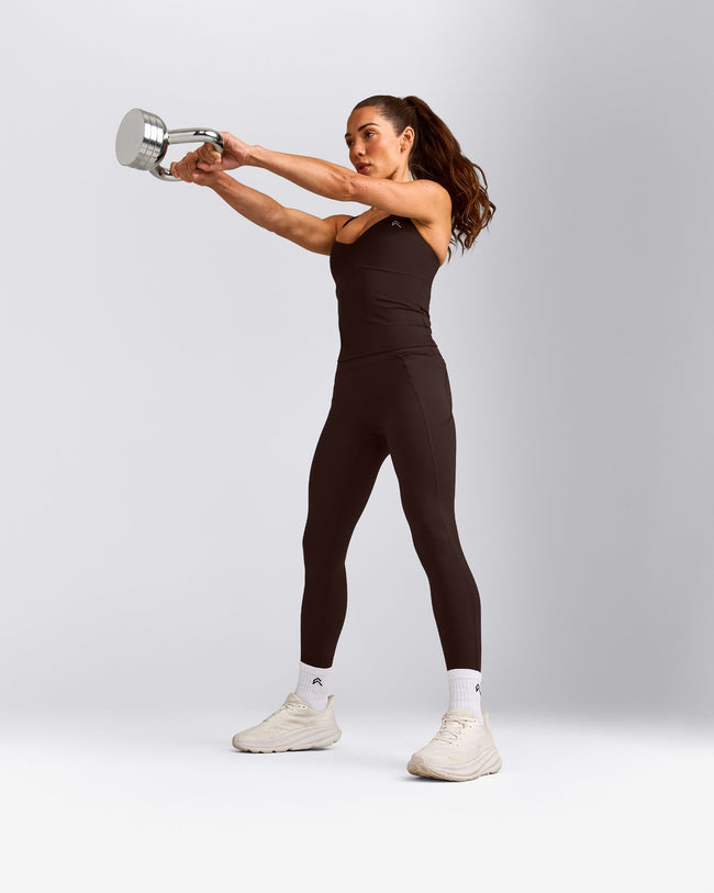 UnifiedMove™ T Back Mid Tank Top with Built in Bra Shelf with Reflective Logo | 70% Cocoa