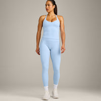 UnifiedMove™ T Back Mid Tank Top with Built in Bra Shelf with Reflective Logo | Powdered Blue