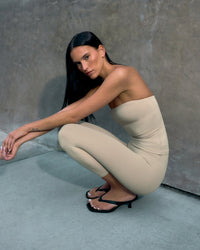 SoftMotion™ Bandeau Tank Top with Built in Bra Shelf with Gray Logo | Oatmeal