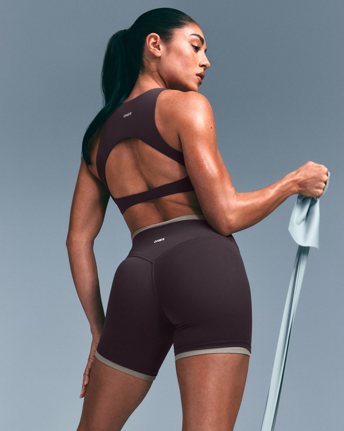 SoftMotion™ High Neck Sports Bra with Gray Logo | Dark Umber Brown